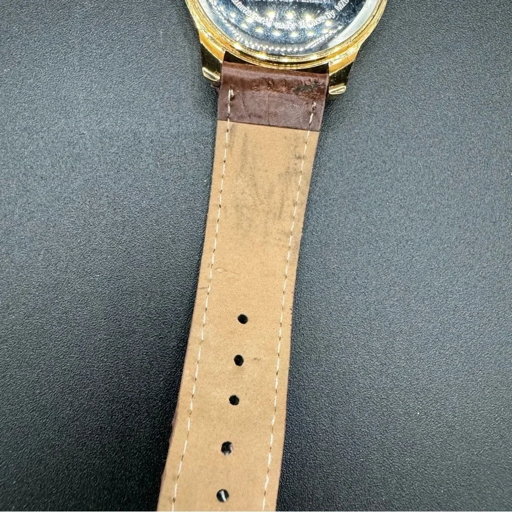 Vintage Mickey Mouse Disney Wide Face Analog Watch with Brown Leather Band